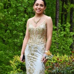 White and Gold long Prom Dress